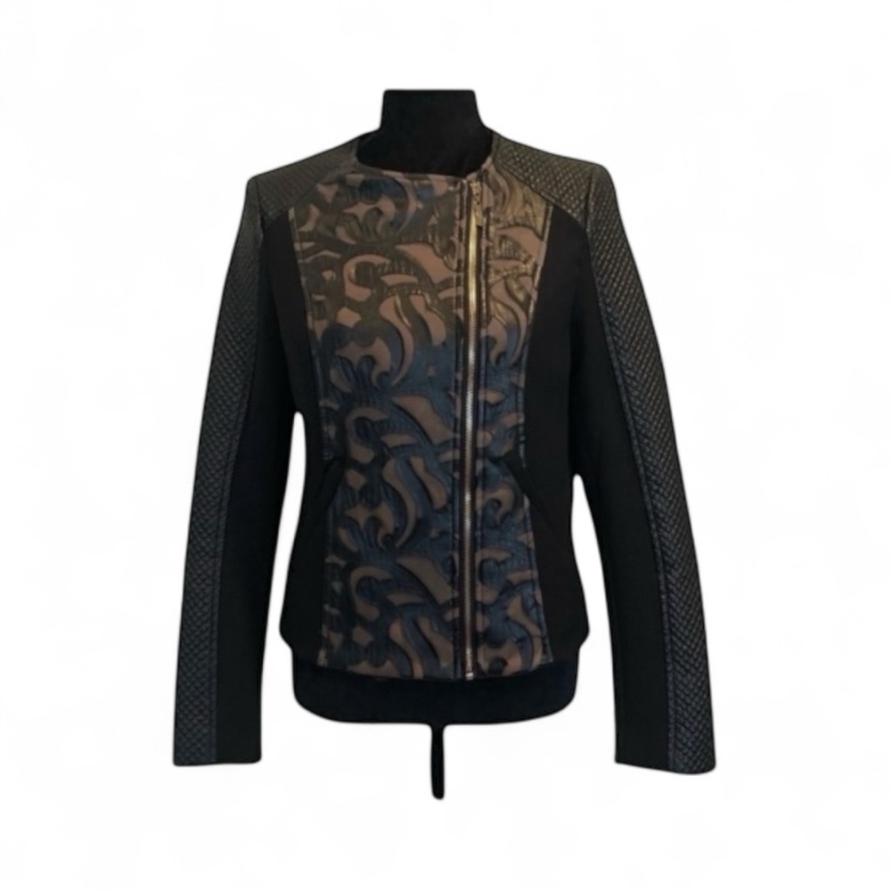 Ness Moto contemporary pleather black motto jacket zip front pockets size small